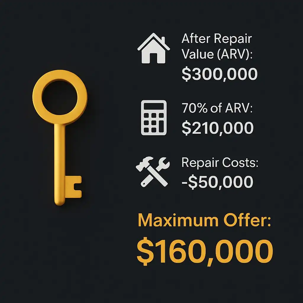 Infographic visually explaining the 70% rule for flipping houses with calculations for ARV, repair costs, and maximum offer