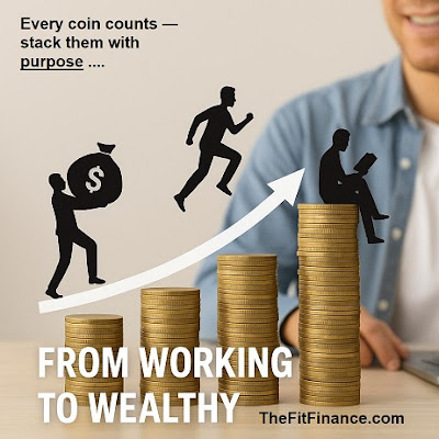 Illustration of financial growth with a man climbing stacks of coins, representing the journey from working to wealth