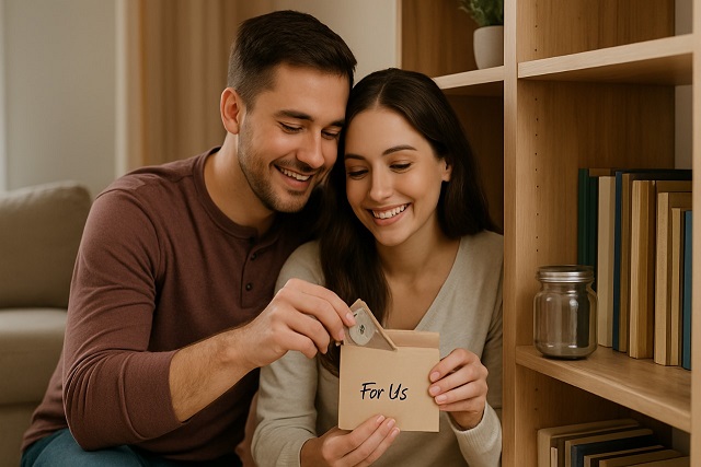 Loving couple secretly saving money together at home – Spouse hiding money for financial security and love
