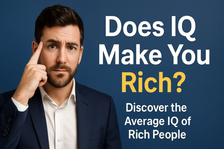 Young businessman pointing to his temple beside the text ‘Does IQ Make You Rich?’, illustrating the debate on the average IQ of rich people, average IQ of billionaires or average IQ of millionaires and its link to wealth.