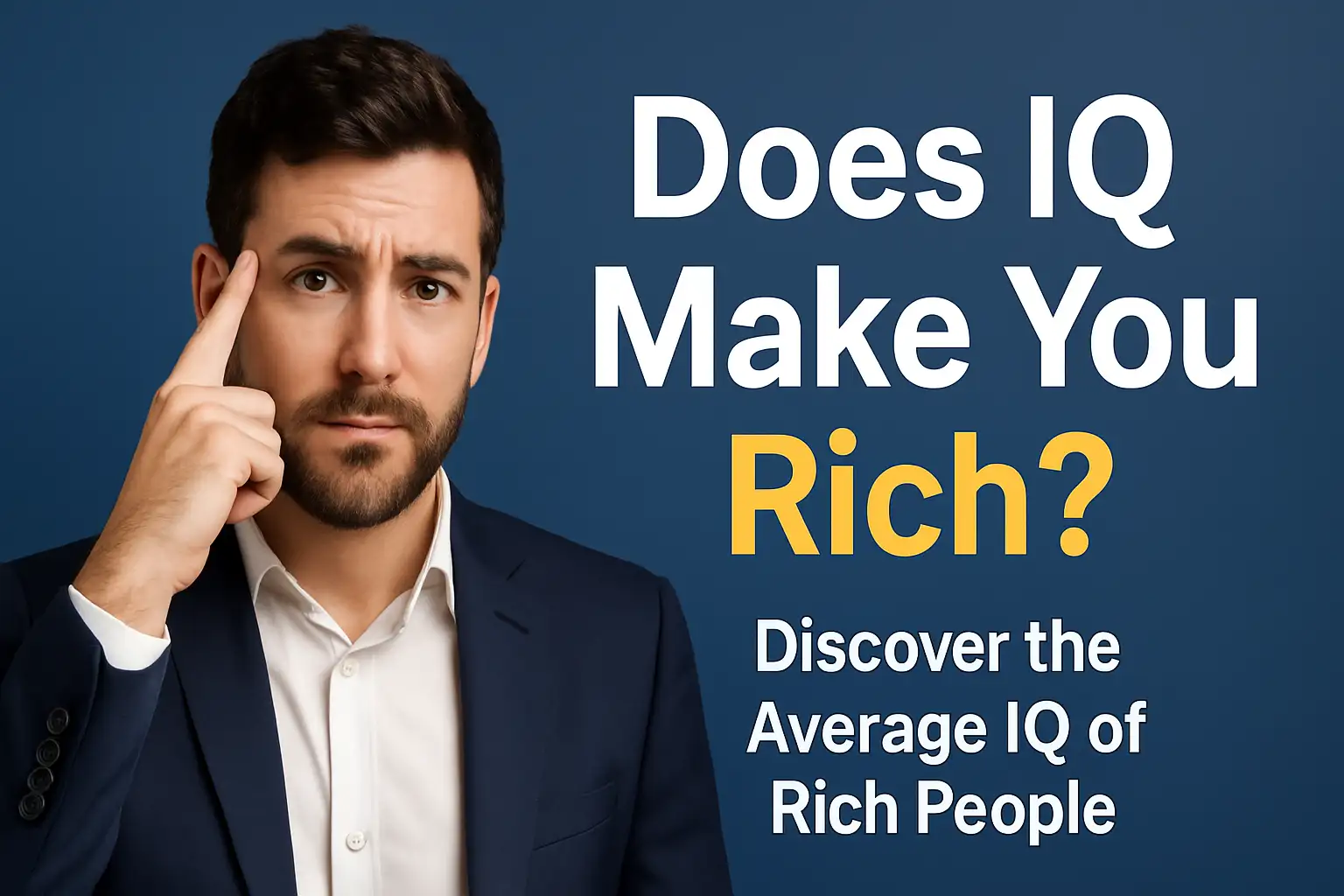 Young businessman pointing to his temple beside the text ‘Does IQ Make You Rich?’, illustrating the debate on the average IQ of rich people, average IQ of billionaires or average IQ of millionaires and its link to wealth.