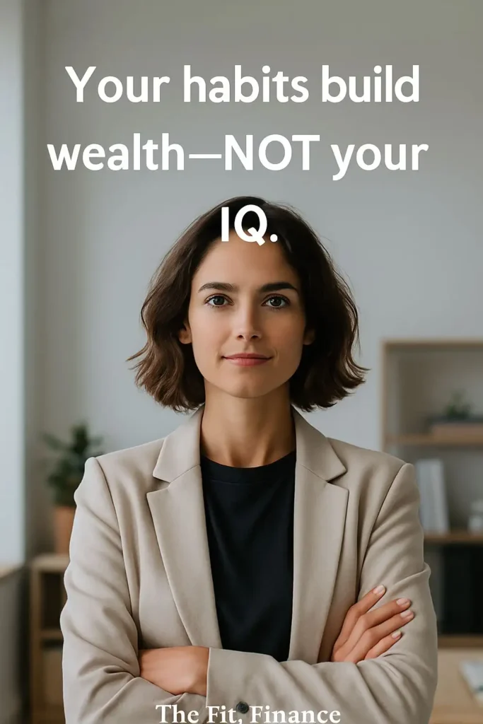 Confident businesswoman standing with folded arms in a modern office, representing the concept that success is built on habits, not just the average IQ of rich people, average IQ of billionaires or average IQ of millionaires.
