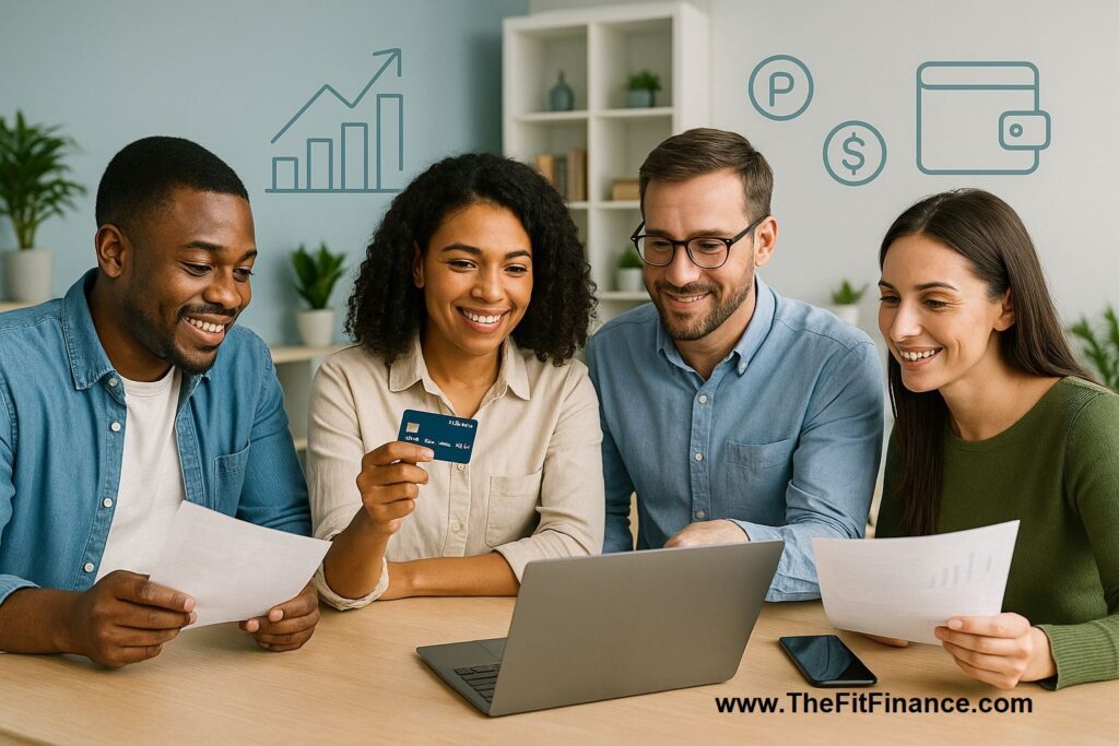 Confident African-American woman holding a credit card while smiling at her desk, with digital finance icons showing income growth — depicting credit card as a source of income if used strategically.