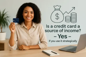 Confident woman holding a credit card with upward financial growth icons, symbolizing strategic credit card use as a source of income—featured image for TheFitFinance blog which align with title Is a Credit Card a Source of Income