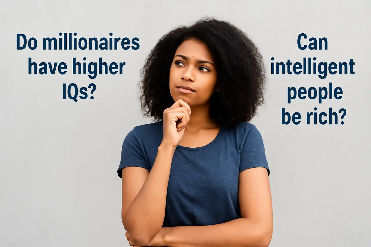 Thoughtful young woman pondering questions like “Do millionaires have higher IQs?, what is the average IQ of billionaires or what is the average IQ of millionaires” and “Can intelligent people be rich?” – exploring the link between intelligence and income.