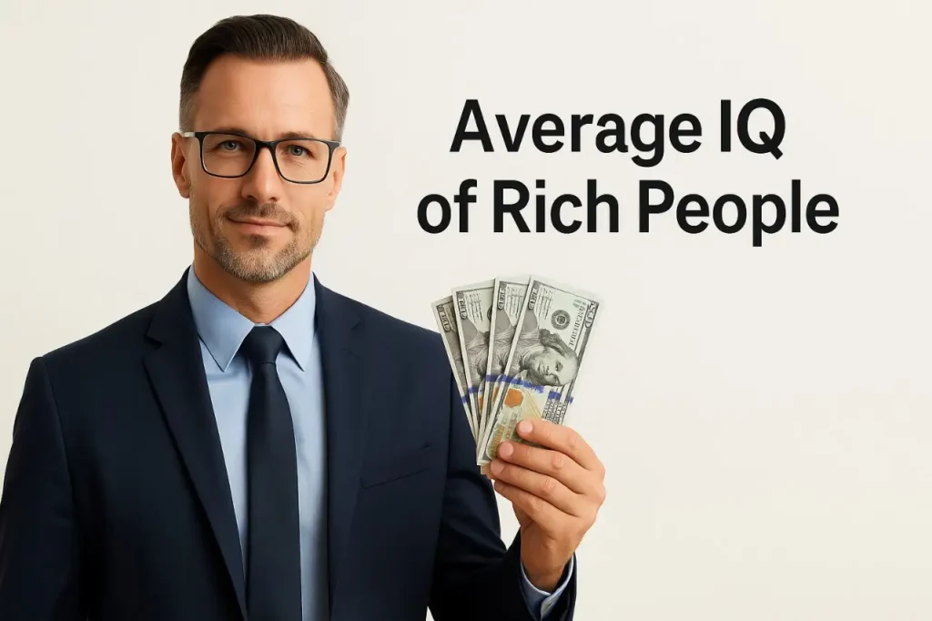 Confident businessman in a suit holding dollar bills with text “Average IQ of Rich People, average IQ of billionaires or average IQ of millionaires” – representing intelligence and wealth correlation.