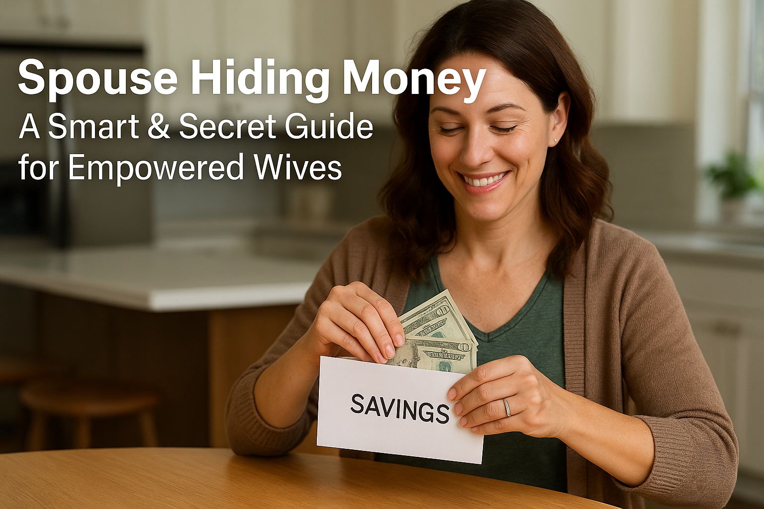 Confident married woman secretly saving money at home — Spouse hiding money with purpose of financial empowerment.