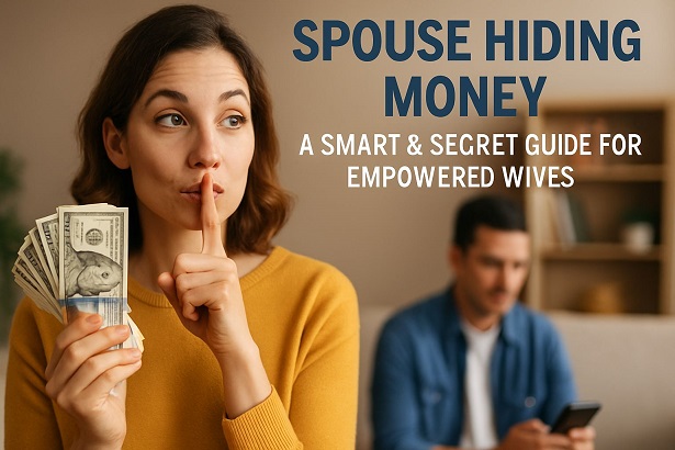 Happy married woman secretly saving money at home - without telling her husband — spouse hiding money for family financial security.