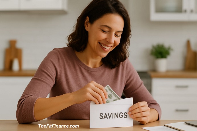 Happy married woman secretly saving money at home — spouse hiding money for family financial security.