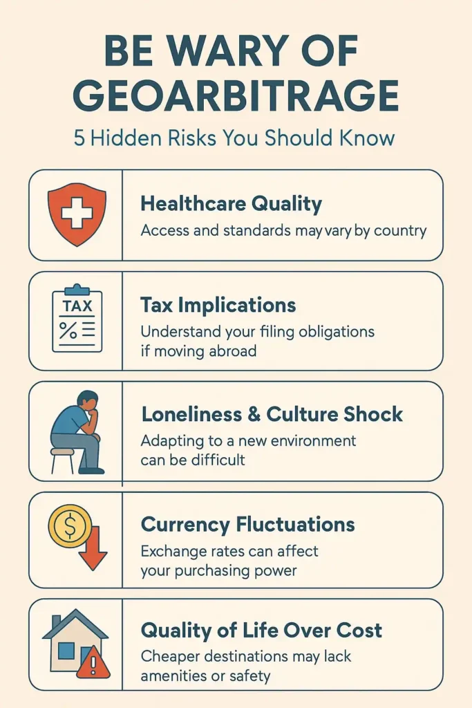 Infographic showing 5 hidden risks of geoarbitrage including healthcare quality, tax implications, culture shock, currency fluctuations, and quality of life concerns.