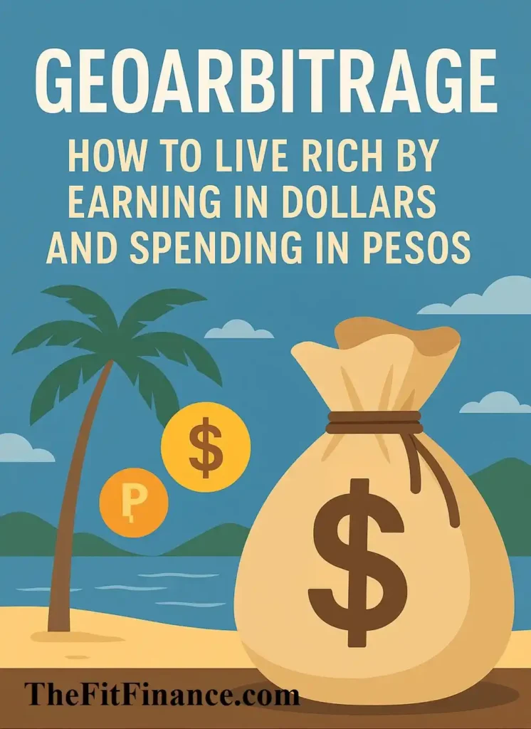 Illustration of geoarbitrage concept showing a money bag, currency symbols, and tropical beach background representing earning in dollars and spending in pesos.
