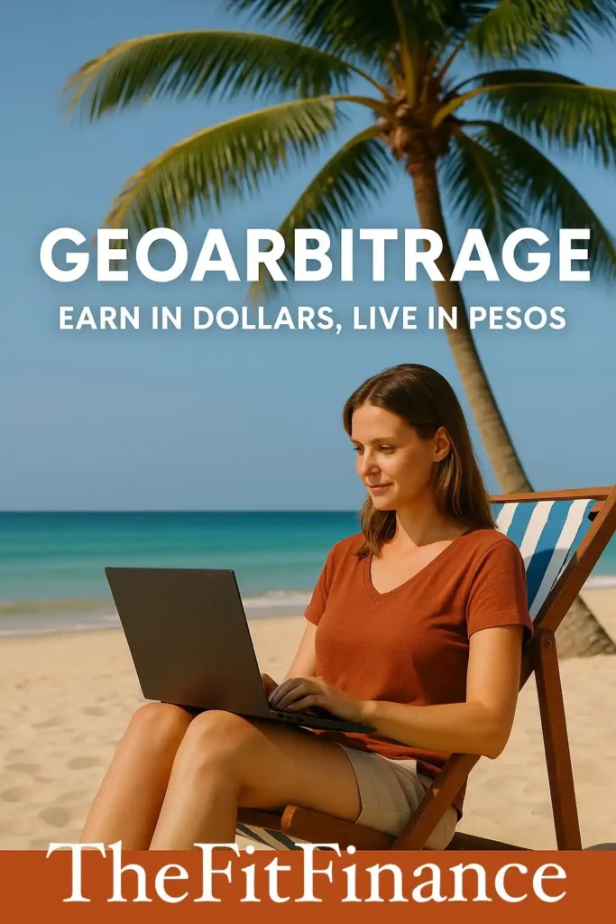 Young digital nomad smiling while working on a laptop from a tropical beach, representing the geoarbitrage lifestyle of earning in dollars and living affordably abroad.