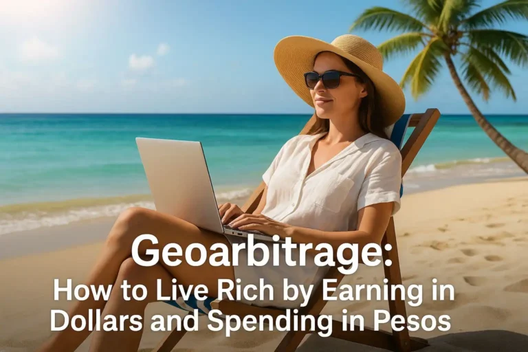 Woman working remotely on a beach with a laptop under a palm tree, illustrating the geoarbitrage lifestyle of earning in dollars and living in low-cost tropical destinations.