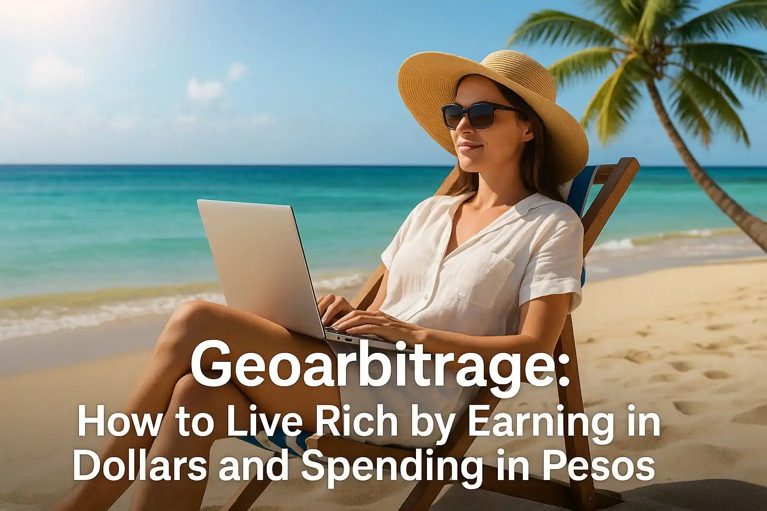 Woman working remotely on a beach with a laptop under a palm tree, illustrating the geoarbitrage lifestyle of earning in dollars and living in low-cost tropical destinations.