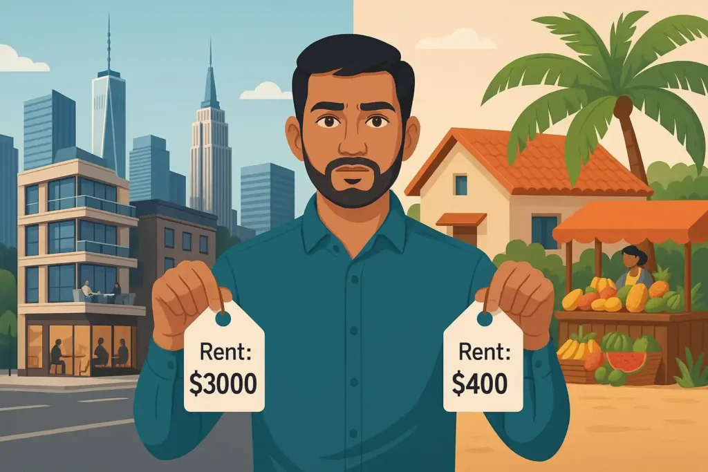 South Asian man comparing city and village rent costs for geoarbitrage lifestyle.