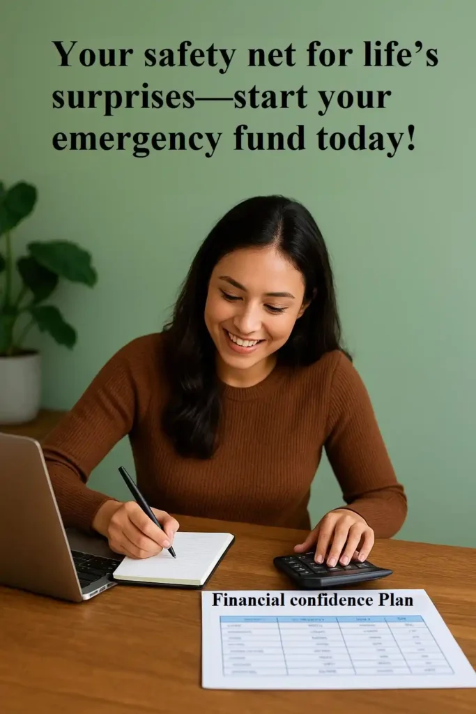A young professional confidently managing personal finances with a laptop and budget planner, planning emergency fund for financial freedom.