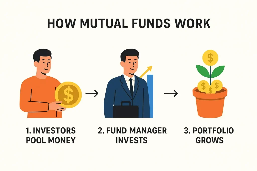 How mutual funds work infographic showing pooled money from investors managed by professionals for diversified investment growth.