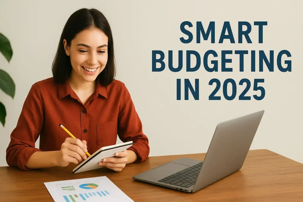Young woman reviewing her budgeting plan with laptop, calculator, and notes, representing financial planning and expense tracking in 2025.