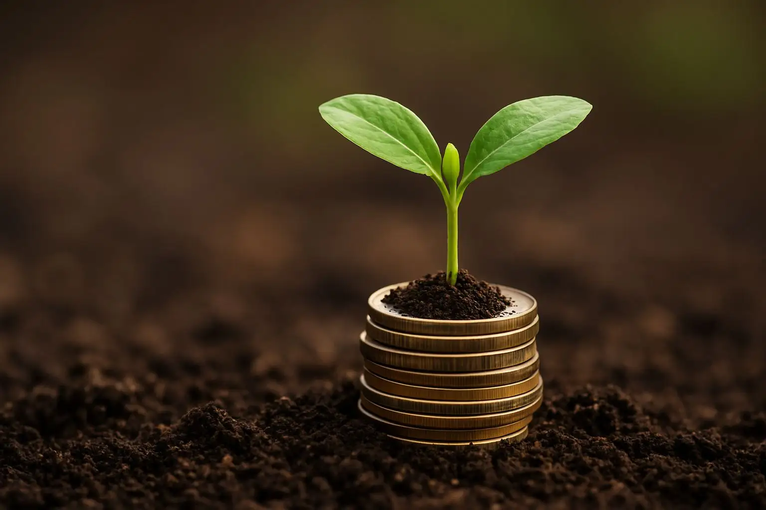 A young green plant seedling sprouting from coins in soil, symbolizing mutual fund investment and long-term wealth growth.