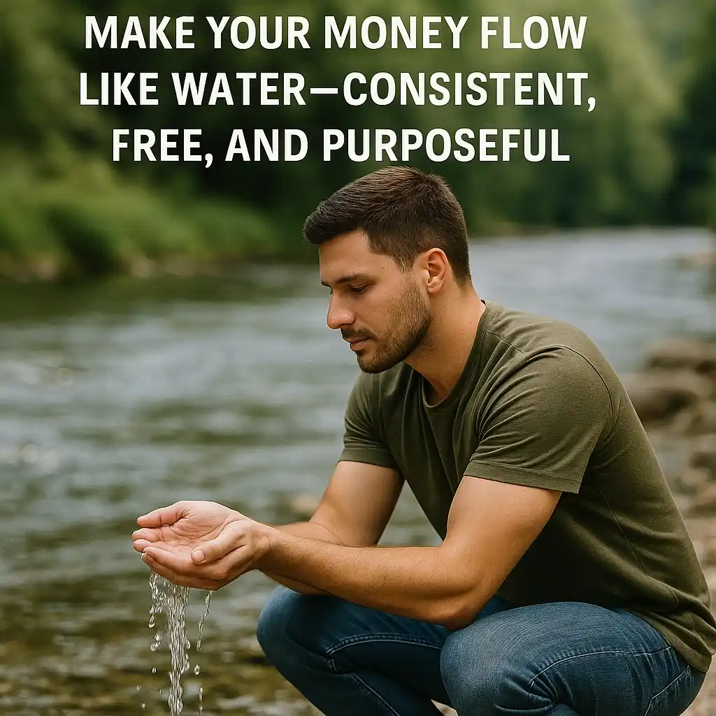 Man holding water in his hands, symbolizing the connection between water and money flow for financial stability and growth.