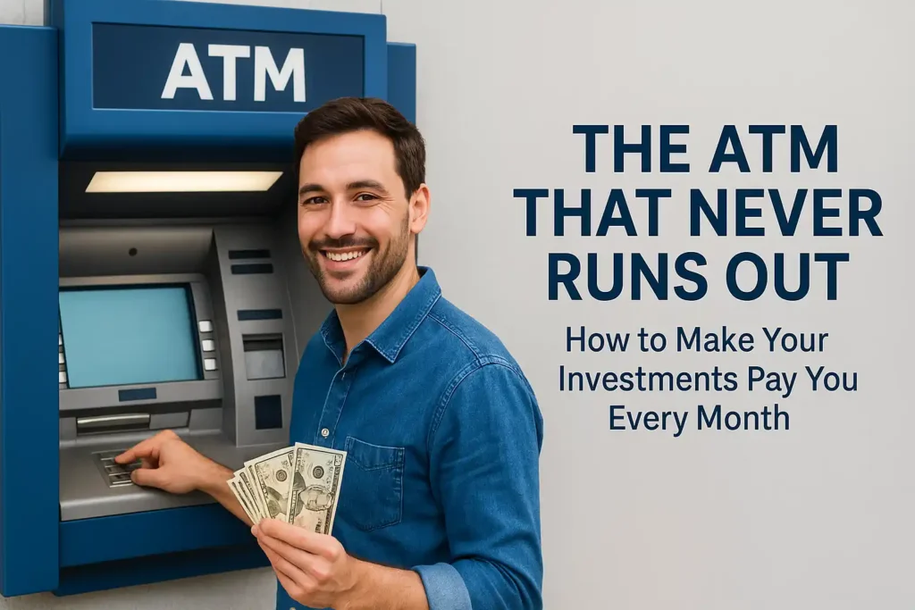 Smiling man withdrawing cash from ATM symbolizing Systematic Withdrawal Plan (SWP) as a steady monthly income source.