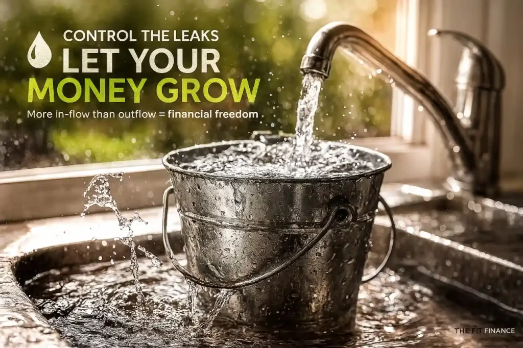 Water flowing from a tap into a bucket with minor leakage, symbolizing money leaks like water in personal finance.