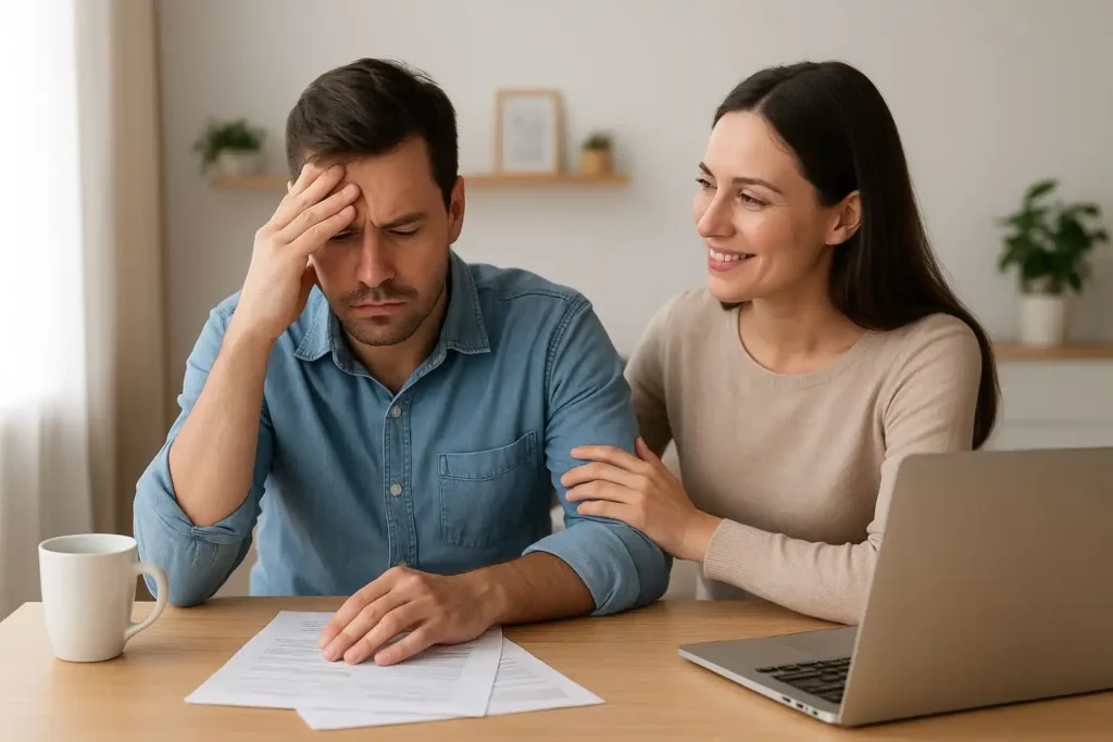 A couple reviewing bills at home, symbolizing Single Income Burnout and one income family stress, with supportive partner offering reassurance.