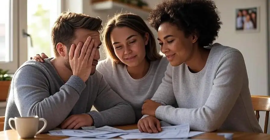 A family reviewing bills at home, symbolizing Single Income Burnout and one income family stress, with supportive partner offering reassurance.