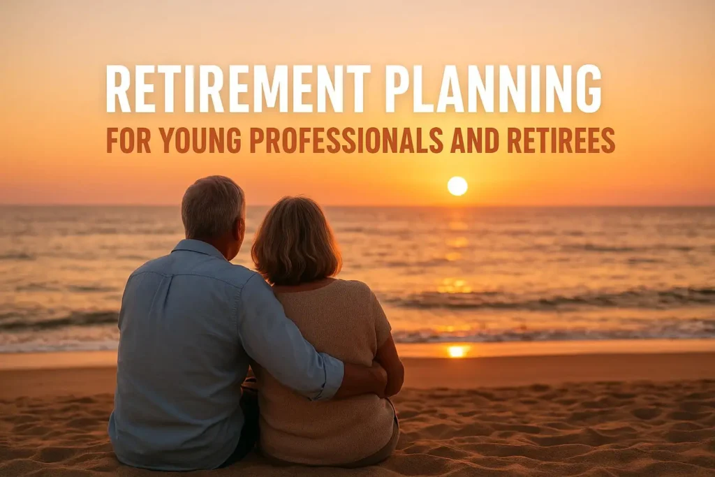 A retired couple enjoying a peaceful beach sunset, representing financial freedom through retirement planning for young professionals and retirees.