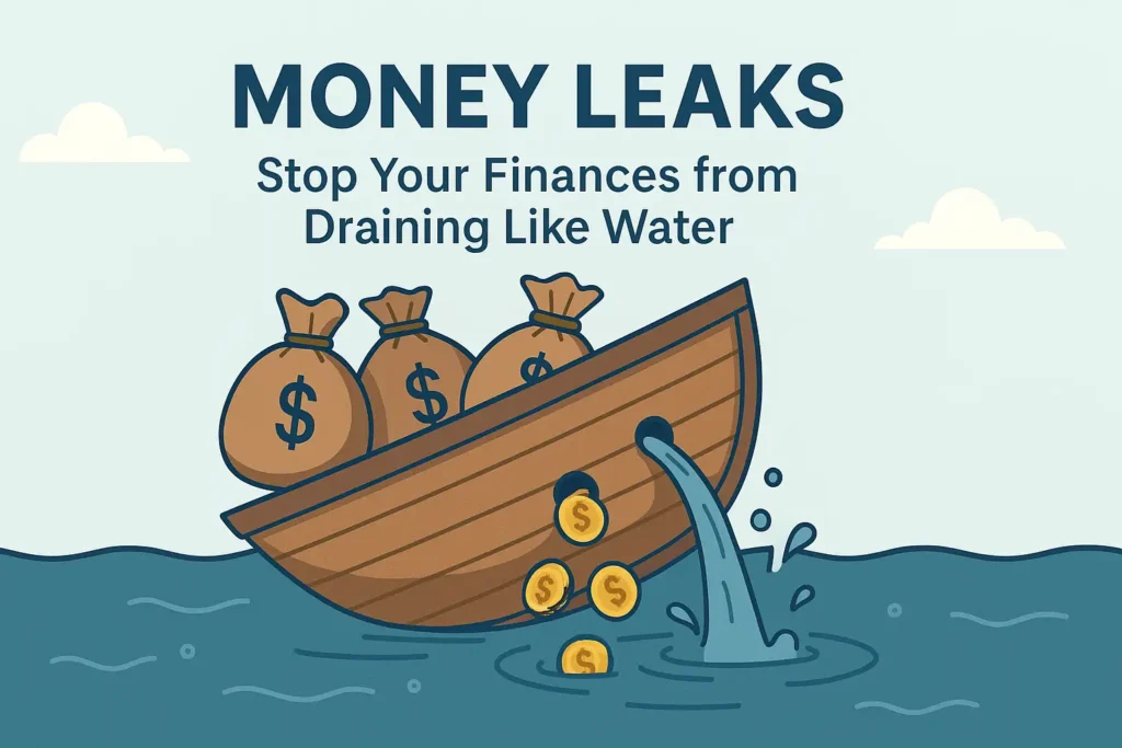 Illustration of a sinking boat with money bags leaking coins into the water, symbolizing money leaks and financial loss.