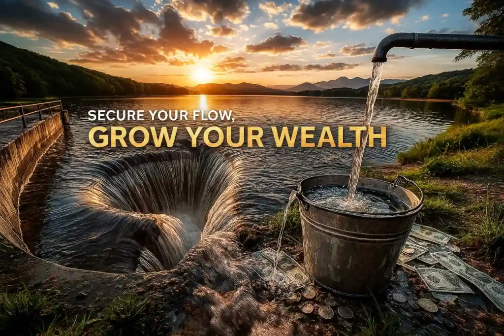 Connection between water and money flow symbolized by a bucket filling with water and wealth at sunset