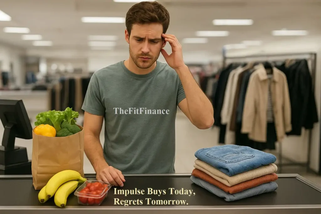 A young shopper at a store checkout counter looking conflicted between healthy groceries and trendy clothes, symbolizing how to stop impulse buying food and clothes.