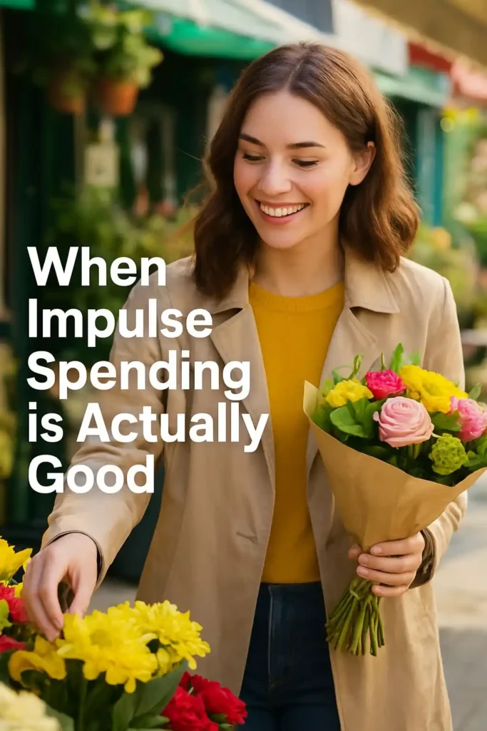 A happy young lady making a positive impulse purchase of flowers, symbolizing things where impulse buying is good.