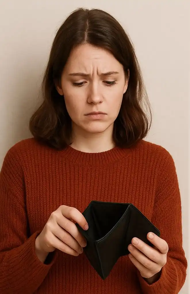 Lady with empty purse resisting online shopping temptations, symbolizing how to stop impulse spending with smart financial choices.