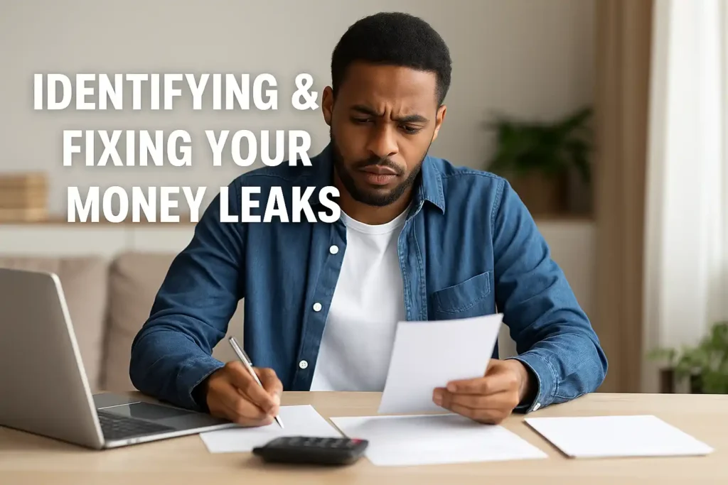 Mid-blog illustration showing a person plugging holes in a bucket labeled “Expenses” to stop money leaks and save finances.