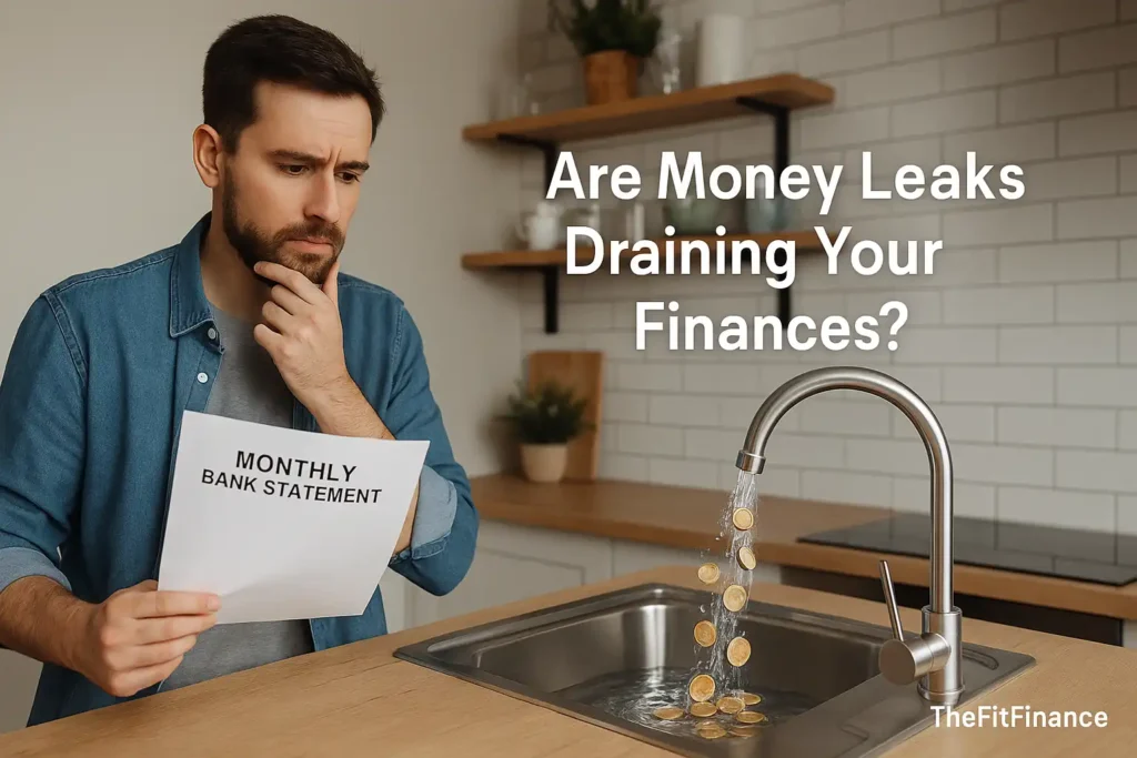 A young professional looking worried while holding a leaking wallet, symbolizing money leaks and financial loss in personal finance.