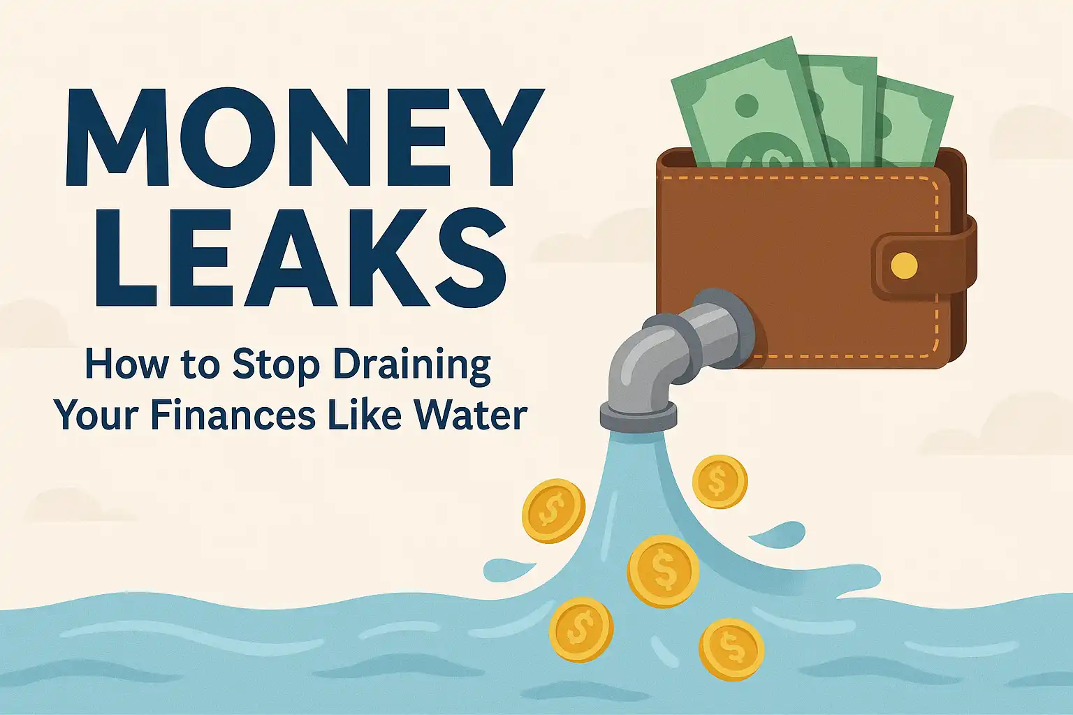 Illustration of a wallet connected to a leaking pipe spilling coins and water, symbolizing money leaks and financial loss in personal finance.