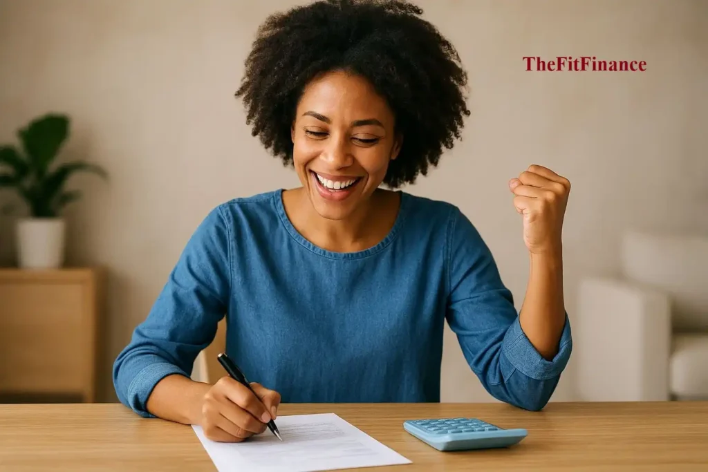 A joyful woman celebrating financial progress while planning her budget, symbolizing overcoming Single Income Burnout with confidence and empowerment.