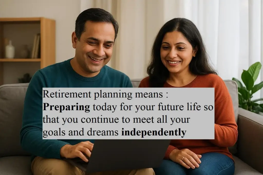 A mid aged couple sitting at home on sofa, smiling while reviewing retirement plans on a laptop, symbolizing retirement planning for young professionals and retirees.