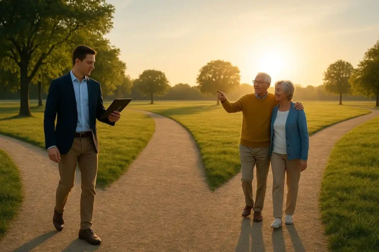 A serene sunrise park scene with a young professional walking one path holding a digital tablet and a retired couple walking the other path toward the horizon, symbolizing retirement planning for young professionals and retirees.