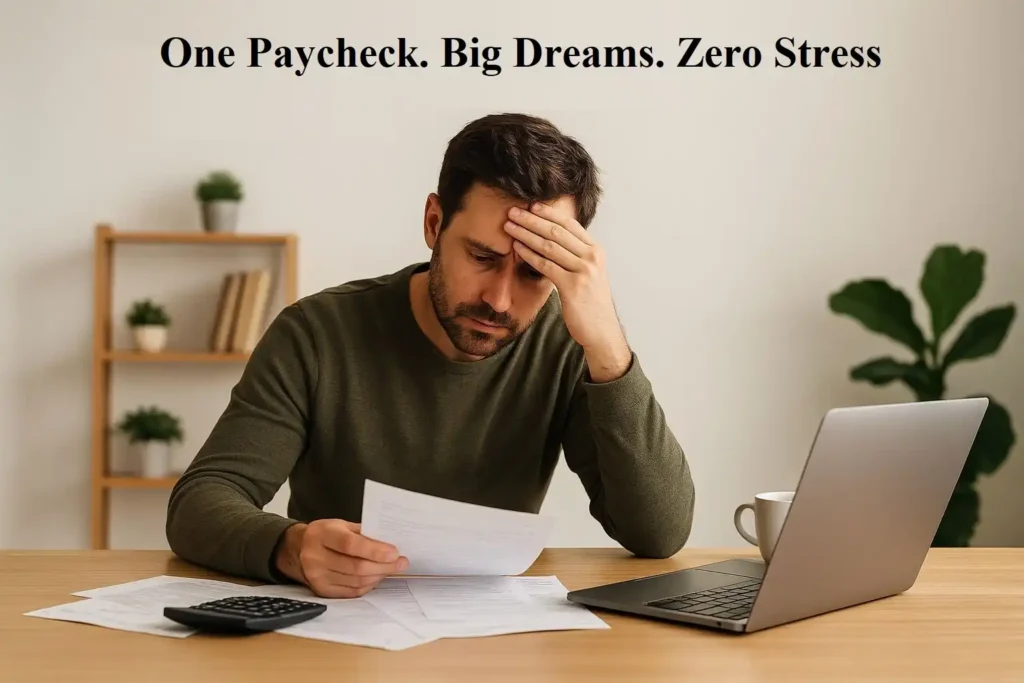 A father reviewing family bills at the dining table while his partner comforts their child, symbolizing Single Income Burnout and the financial stress of one income family life.
