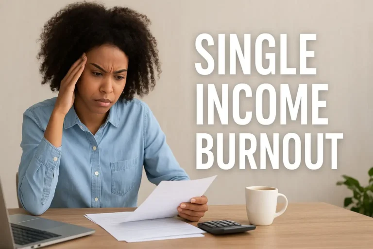 A stressed young woman managing bills at her desk, representing Single Income Burnout and one income family stress.