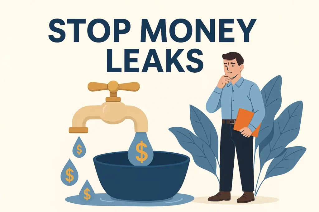 Illustration of a man looking at a leaking faucet dripping dollar signs, representing money leaks and financial waste.