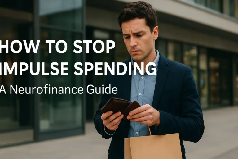 Young man standing outside a shopping mall, checking his wallet with concern, representing how to stop impulse spending through mindful choices.