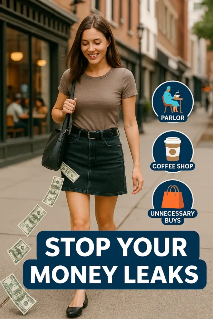 A young woman walking down the street with money leaking from her handbag, symbolizing hidden money leaks caused by unnecessary spending on salons, coffee shops, and impulse buys.