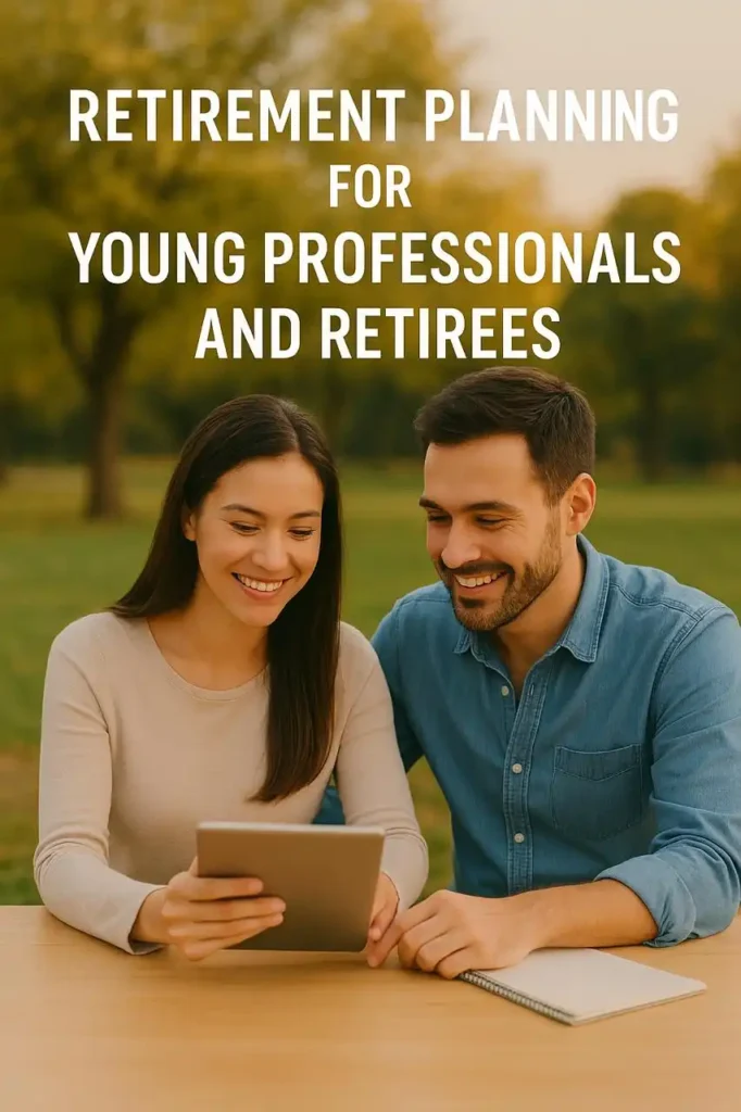 A young couple sitting outdoors at a wooden table, smiling while reviewing retirement plans on a tablet, symbolizing retirement planning for young professionals and retirees.
