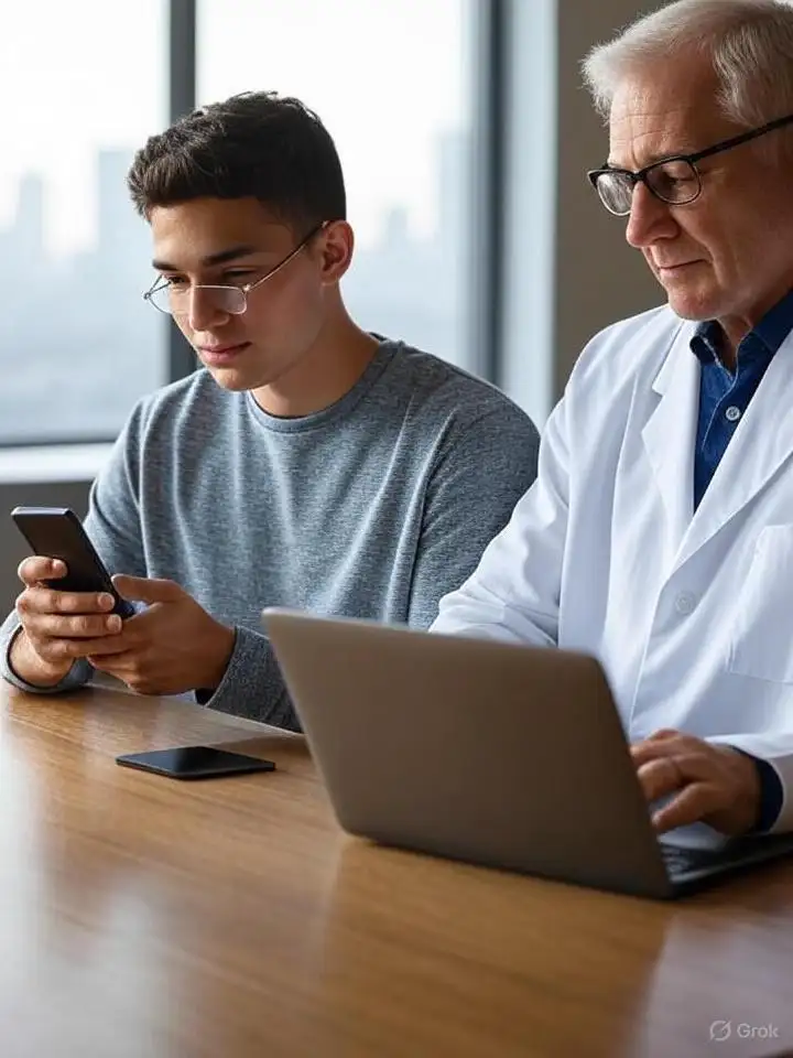 A young man using a mobile phone and a senior surgeon in a white coat using a laptop, sitting together to plan a systematic withdrawal plan.