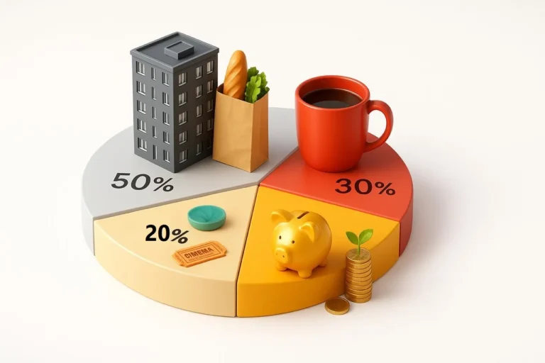 3D render of the 50/30/20 budget rule pie chart with house, groceries, coffee mug, cinema tickets, piggy bank, and coins representing needs, wants, and savings.