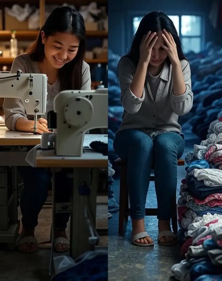 Photorealistic Are AI-curated microloans good or bad? featuring a young female artisan, left side showing a smiling woman using a new sewing machine in a bright workshop (successful AI loan), right side depicting the same woman stressed amid piles of unsold fabrics in a dim room (debt outcome), with a subtle shadow divide and dramatic warm-cool lighting.