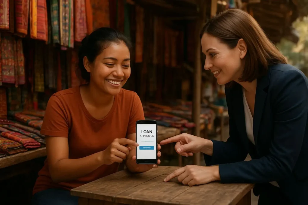 A smiling young female entrepreneur in a colorful market stall celebrates loan approval on her smartphone with guidance from a microfinance advisor, symbolizing the impact of AI-curated microloans.